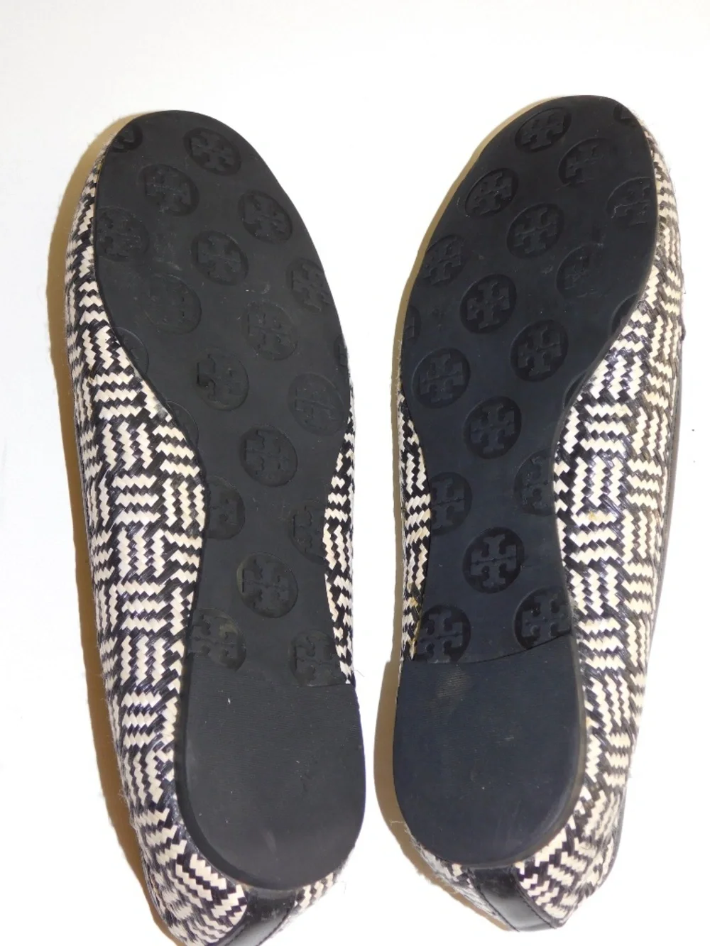 Tory Burch Black and Cream Woven Logo Ballet Flats